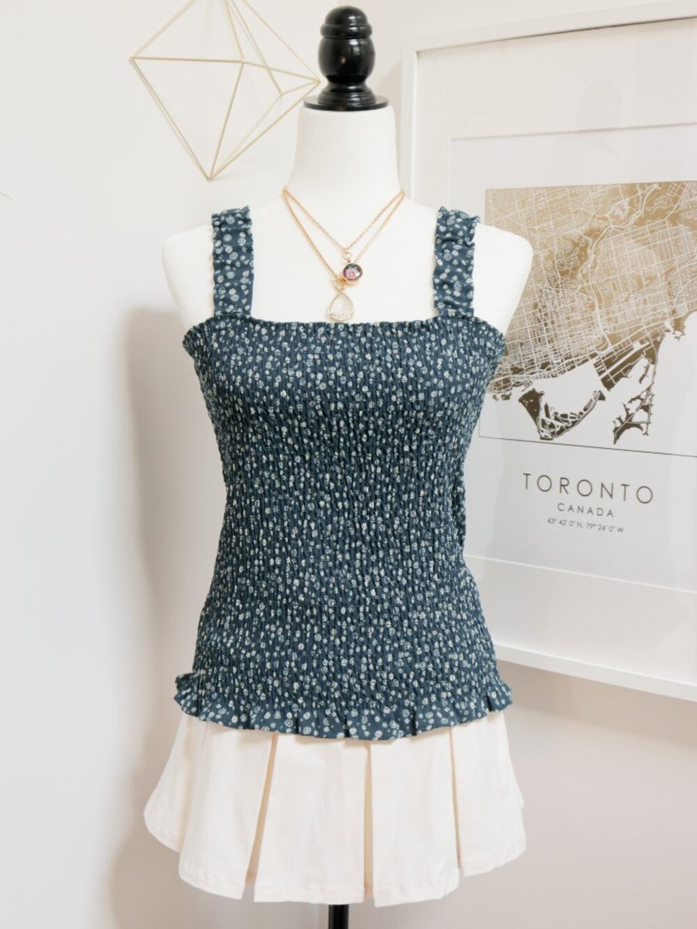 Teal Daisy Print Ruffle Sleeveless Tank Top, Smocked Stretchy Summer Cottagecore